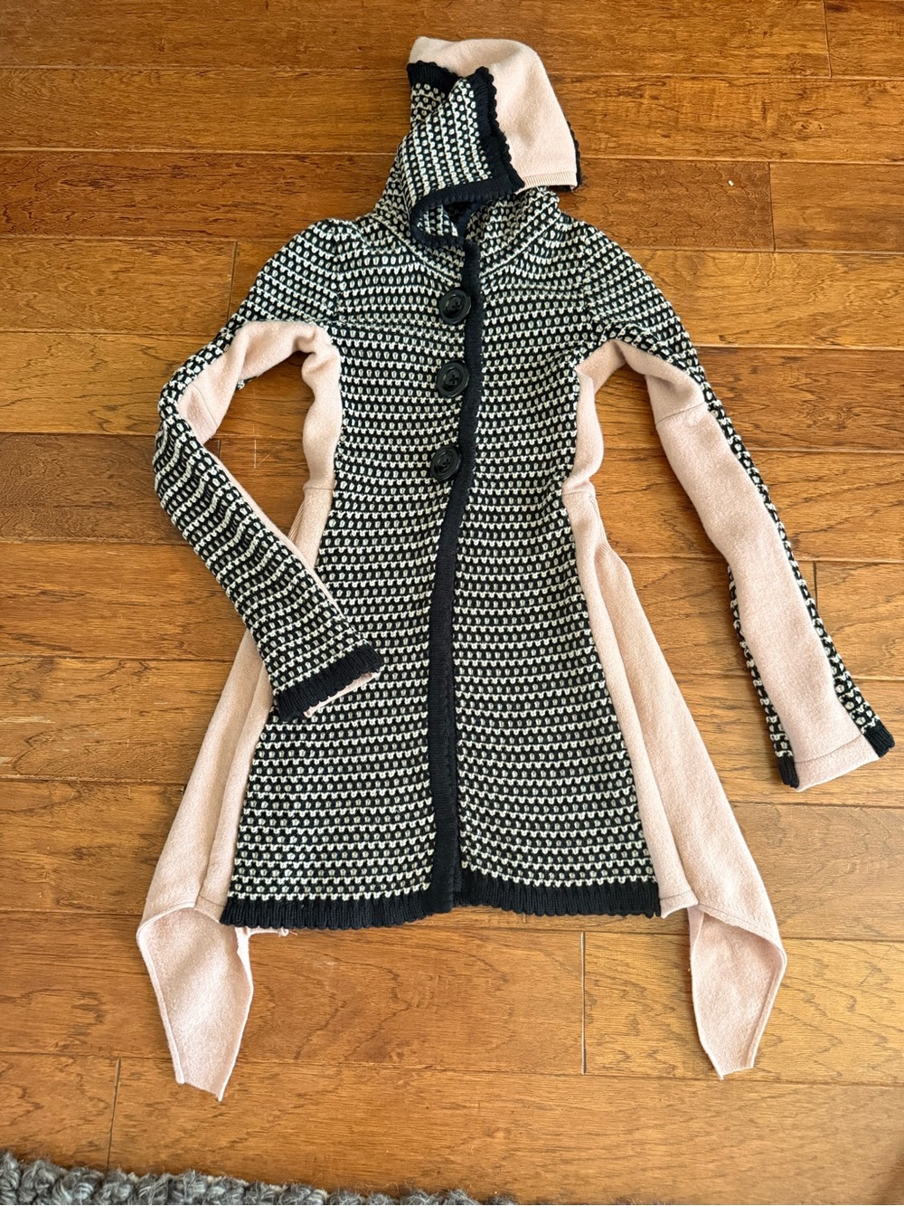 Re-worked Talula Black and Pink Hooded Button-Front Knit Cardigan